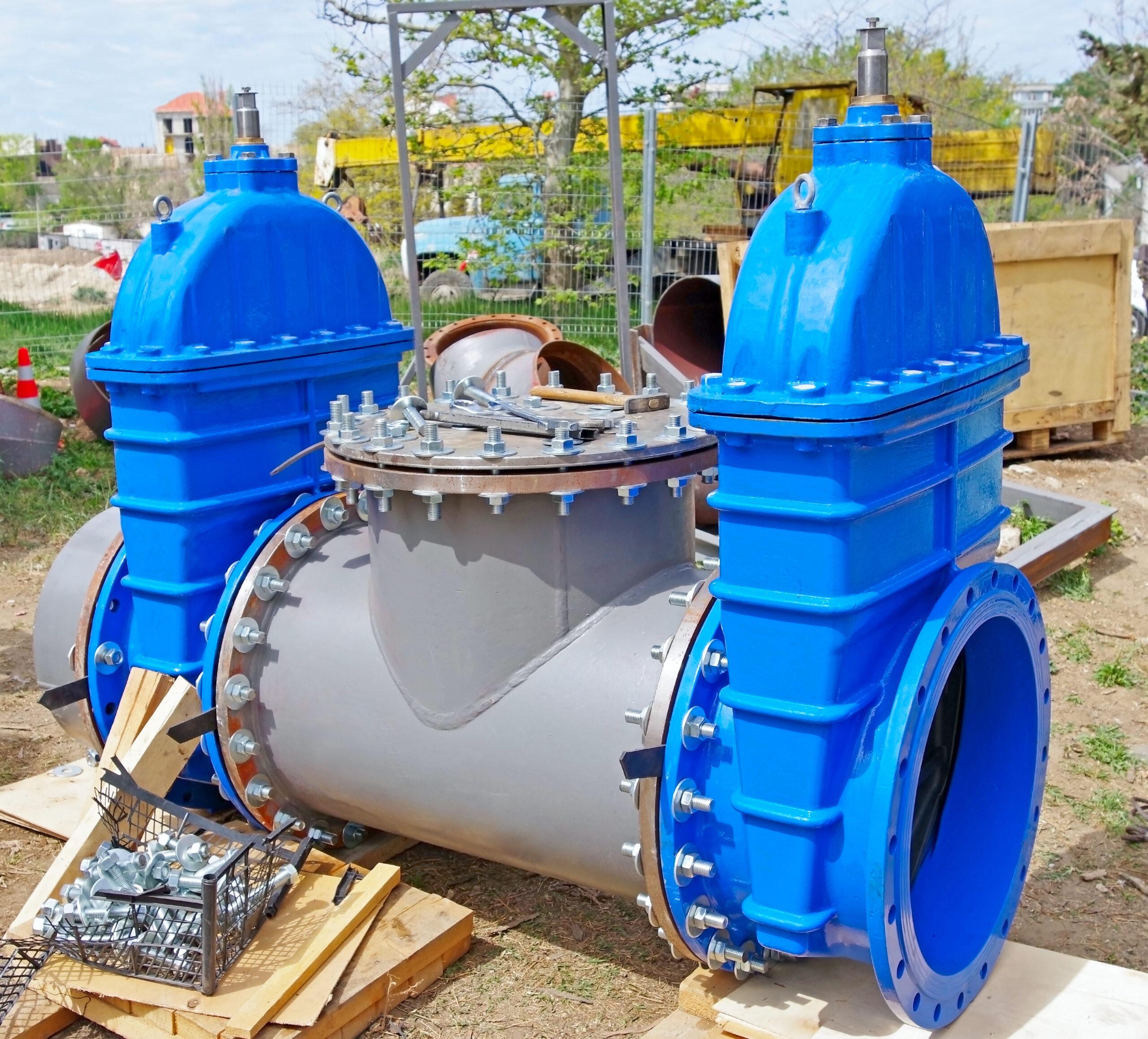 New blue industrial piping and valve-related construction equipment representing project surplus valve packages